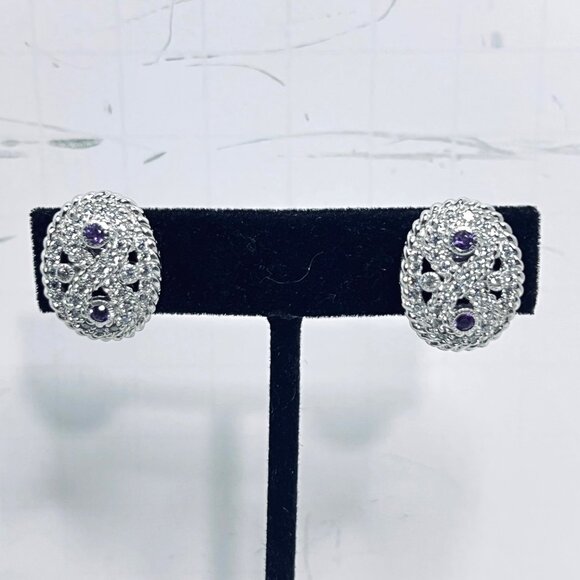 Judith Ripka Oval Sterling Silver, CZ And Amethyst Clip On Earrings (5984) - Picture 3 of 6
